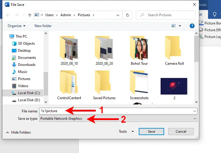 Save your 1x1 picture from Microsoft Word