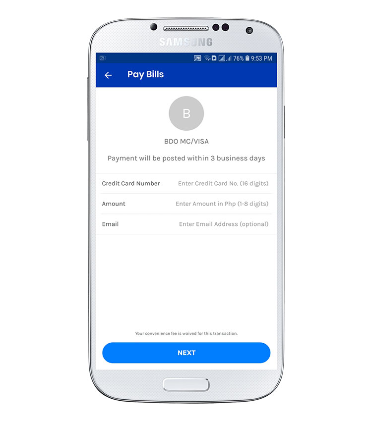 Pay BDO credit card bill via GCash