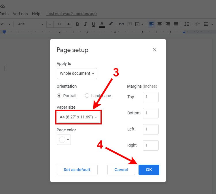 Set the A4 paper size in Google Docs