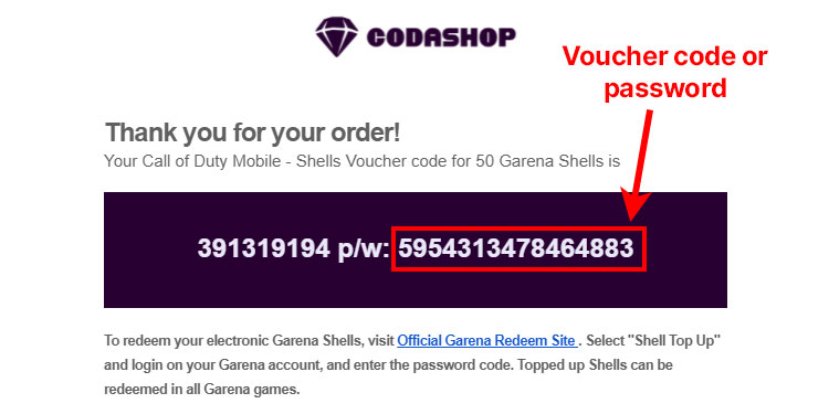 Garena Shells voucher code or password