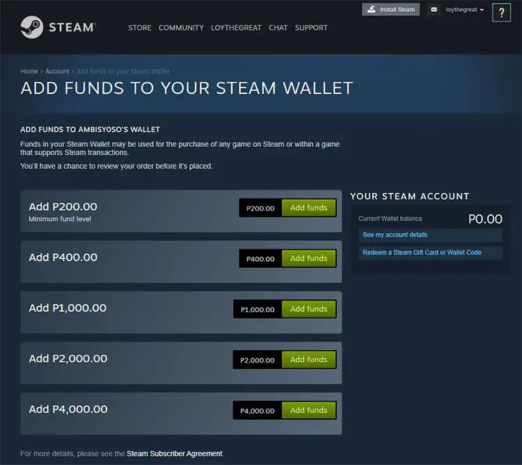 Add funds to your Steam wallet