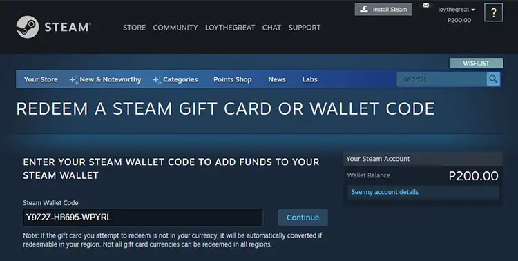 Redeem Steam wallet code