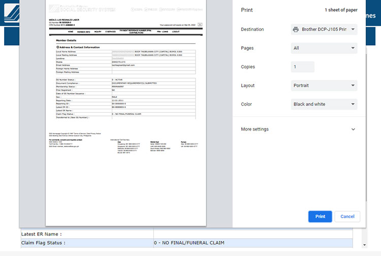 Print your SSS static information page