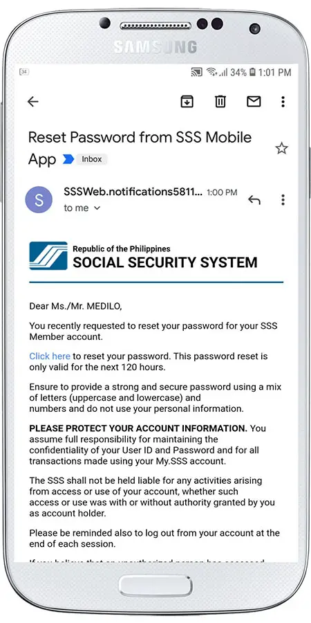 Reset SSS password on mobile