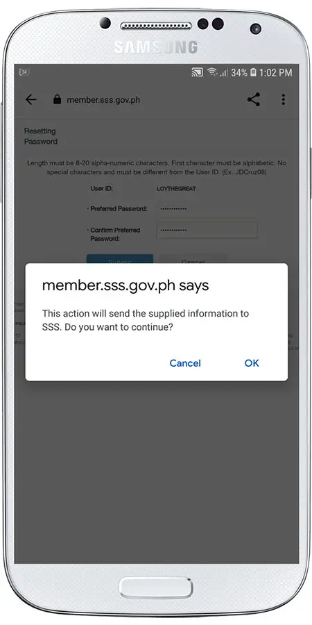 SSS password reset confirmation