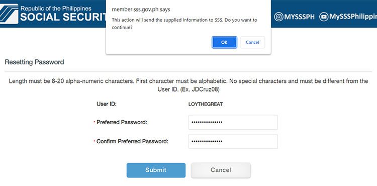 Confirm SSS password reset