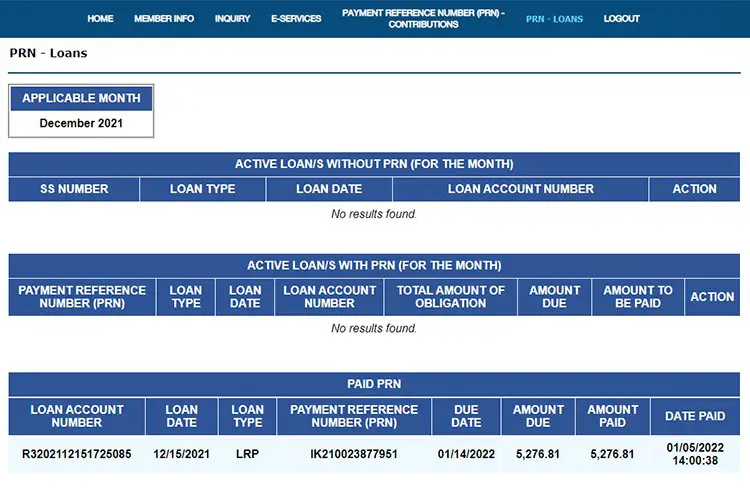 Payment reference number for SSS loan