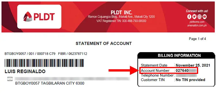 PLDT account number sample