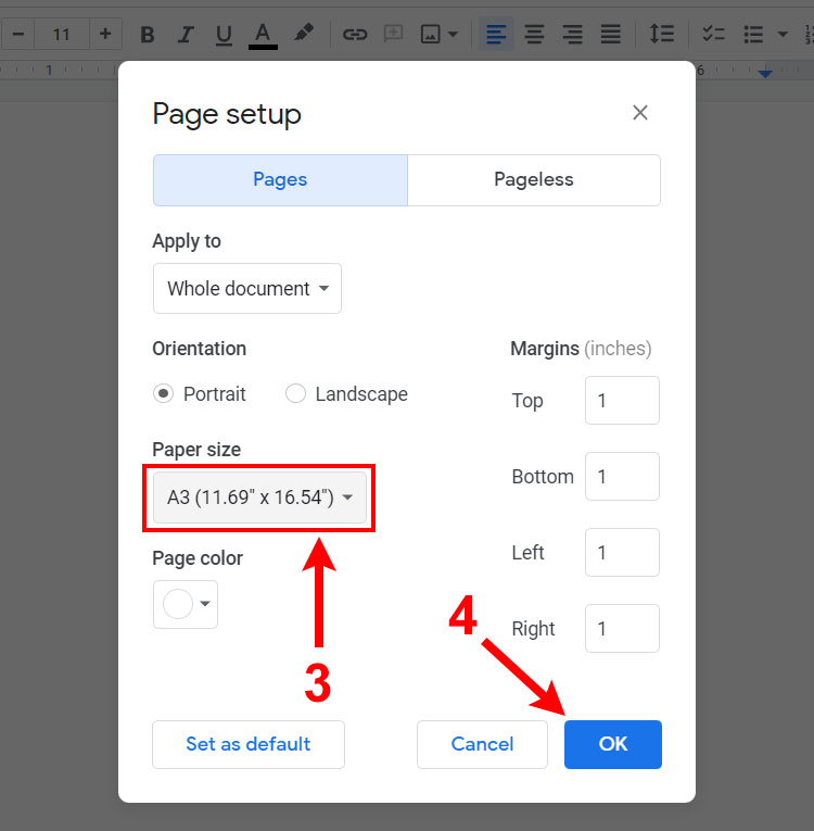 How to set A3 paper size in Google Docs