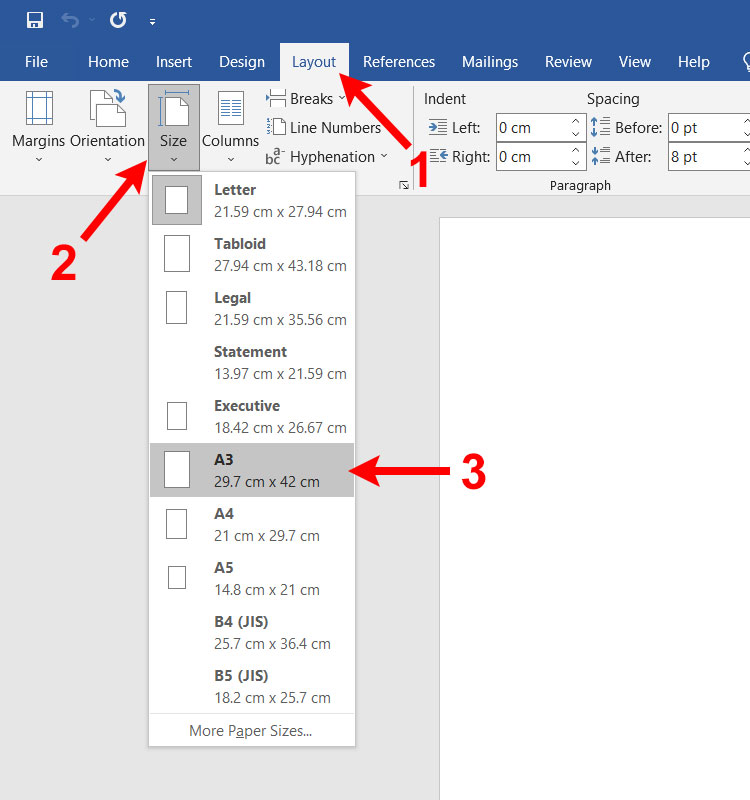 How to select A3 size in Microsoft Word