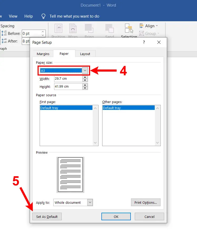 How to set A3 as default size in Word
