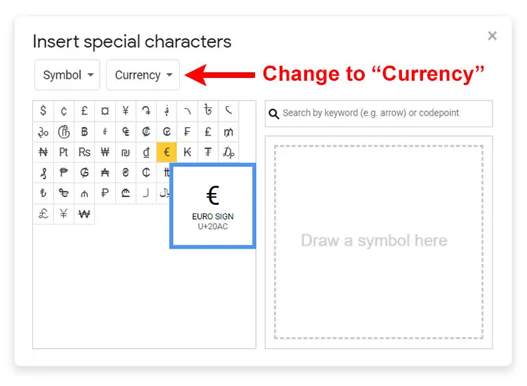 How to type the euro symbol in Google Docs