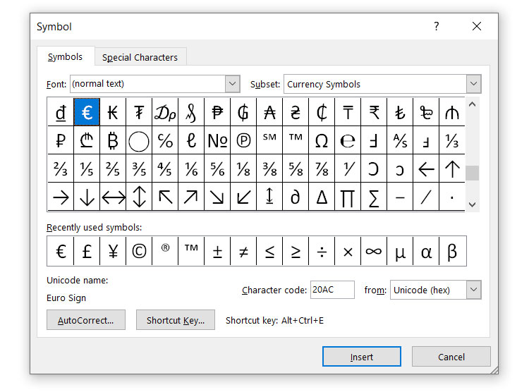 How to type the euro symbol in Microsoft Word