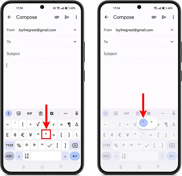 How to type the feet and inches symbols on the Android smartphone