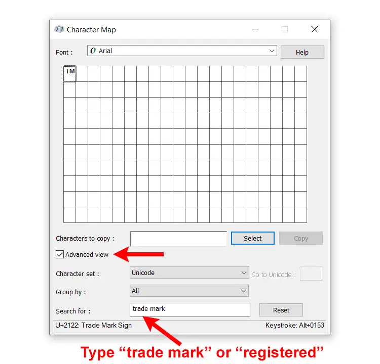 How to insert the trademark sign using Character Map