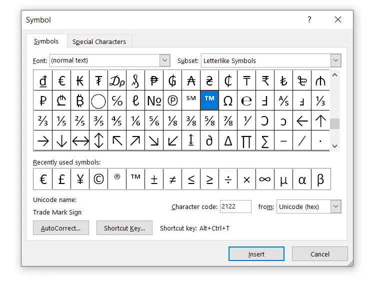 How to type the trademark symbol in Microsoft Word