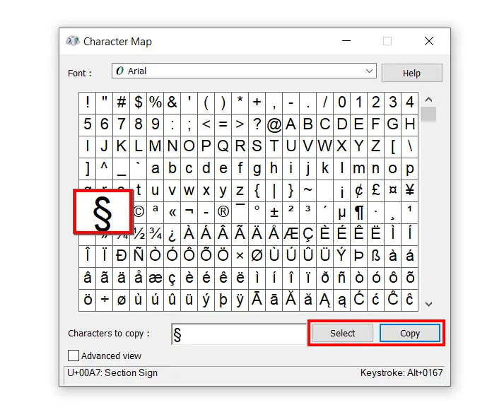 How to insert the section sign using Character Map