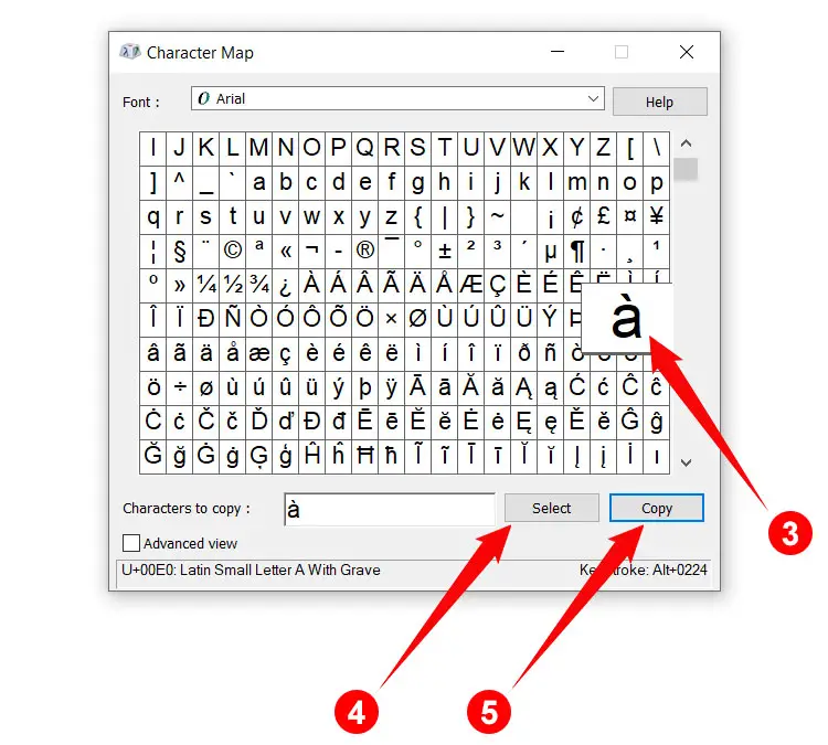 How to copy the accented a letter using Character Map