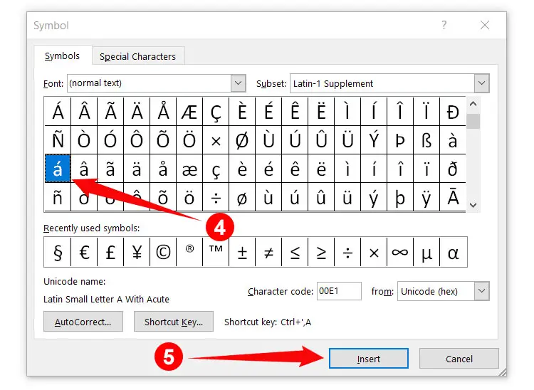 How to type a with accent in Microsoft Word