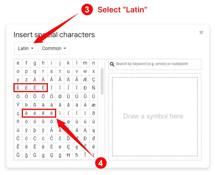 Select e with accent mark in Google Docs