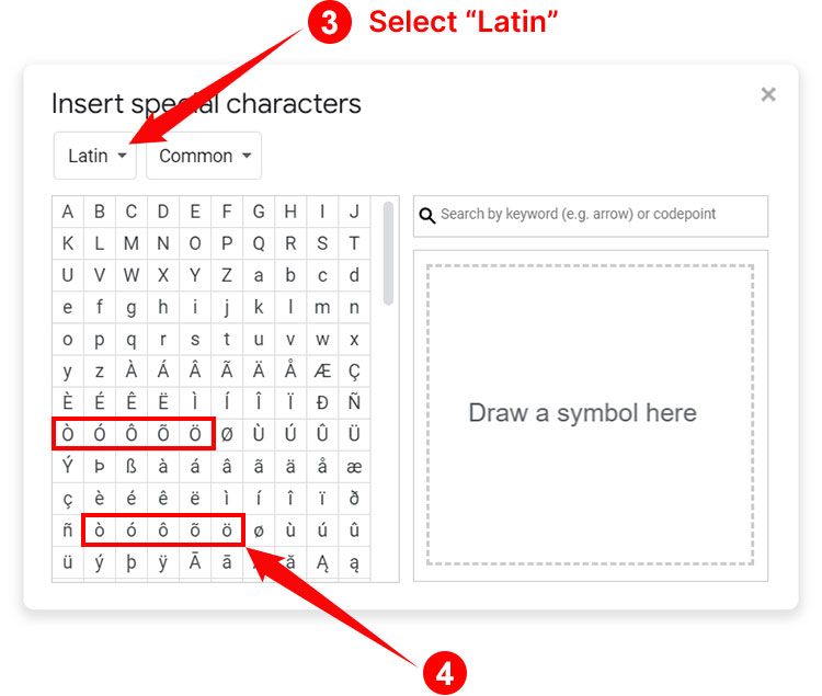 How to type O with accent mark in Google Docs