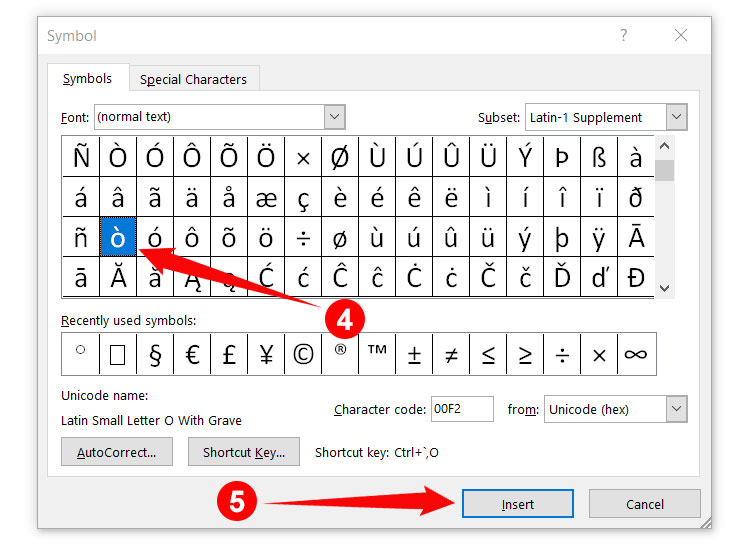 How to type O with accent in Microsoft Word