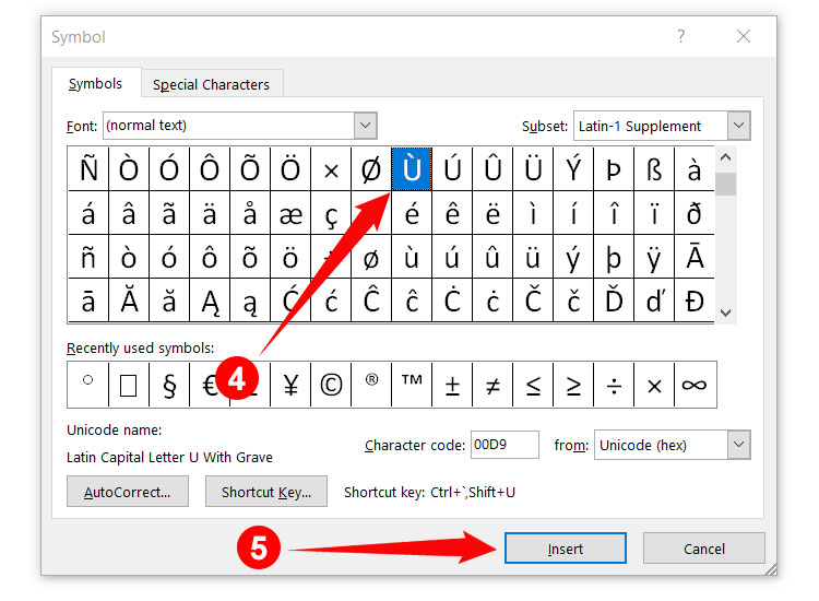 How to type U with accent in Microsoft Word