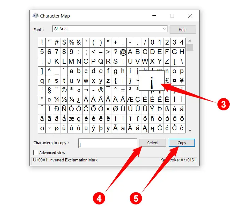 How to insert the upside down exclamation point using Character Map