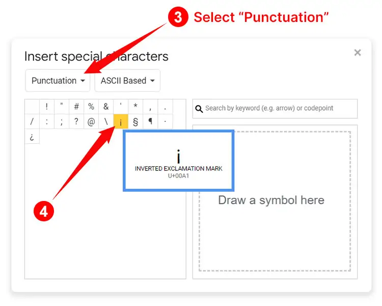 How to type the upside down exclamation mark in Google Docs