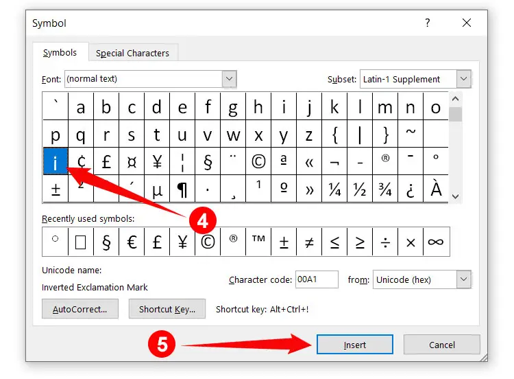 How to type the upside down exclamation point in Microsoft Word