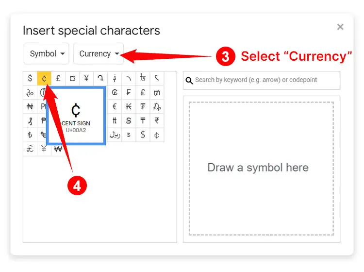 Insert the cent symbol in Google Docs