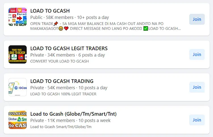 Load to GCash groups on Facebook