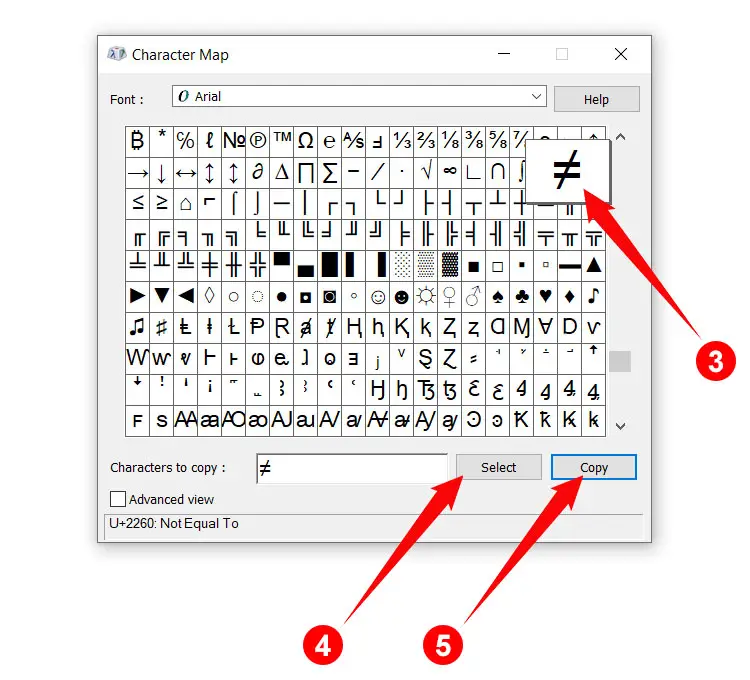 How to copy the not equal sign using Character Map