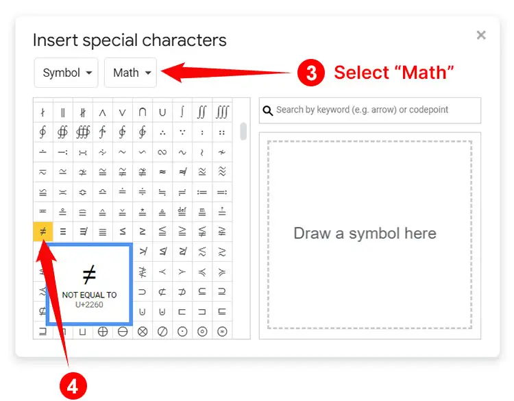 How to type the not equal sign in Google Docs