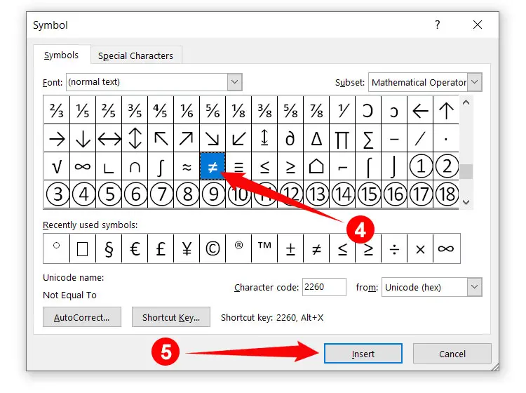 How to type the does not equal sign in Microsoft Word