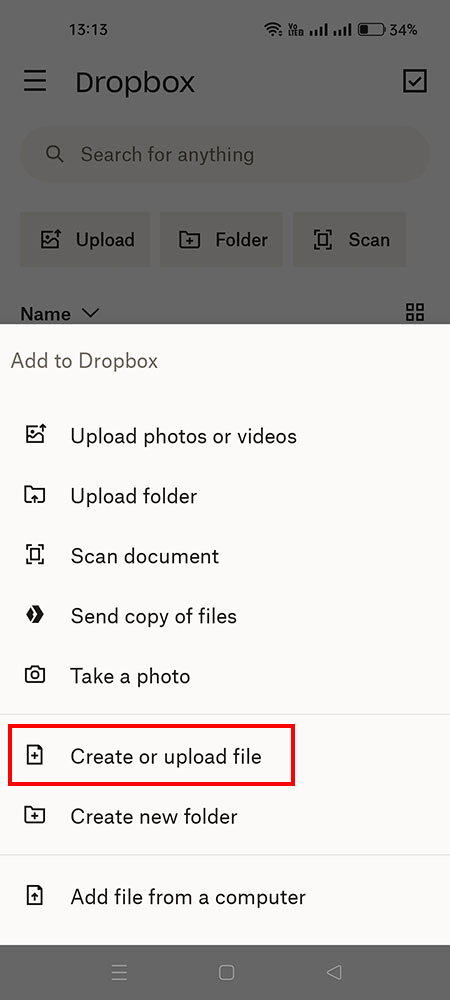 Upload file in Dropbox