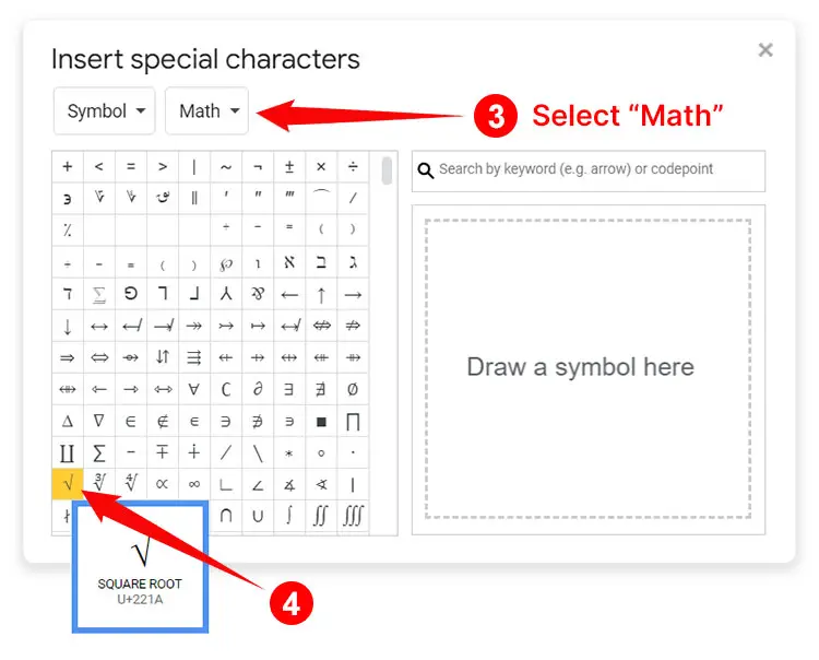 How to type the square root sign in Google Docs
