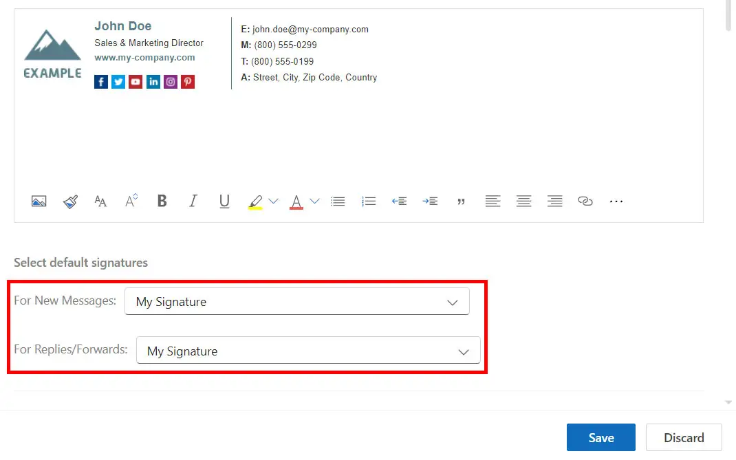 Select default signatures in Outlook