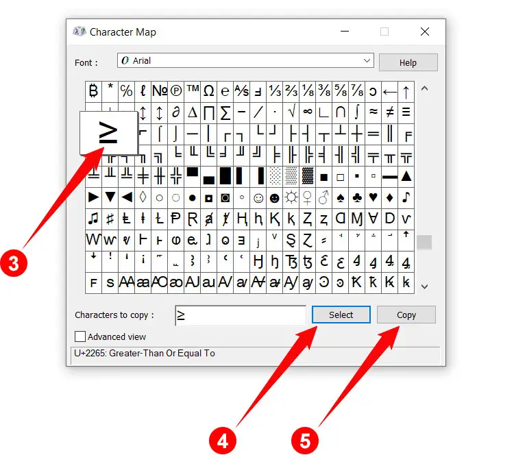 How to type the greater than or equal to sign using Character Map