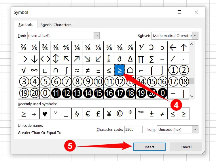 How to type the greater than or equal to sign in Microsoft Excel