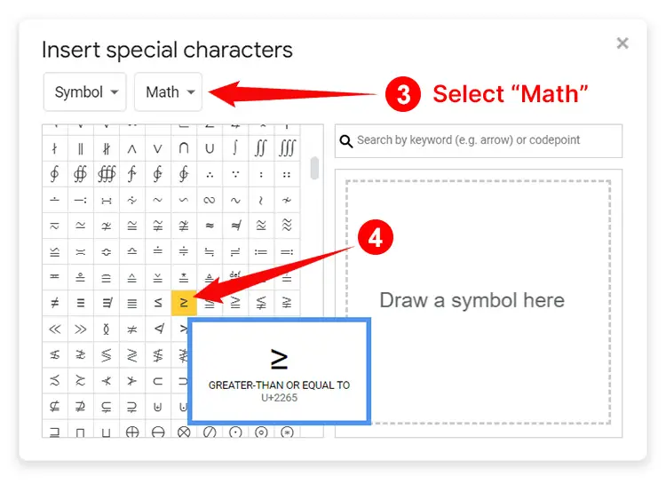 How to type the greater than or equal to sign in Google Docs