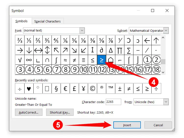 How to type the greater than or equal to sign in Microsoft Word
