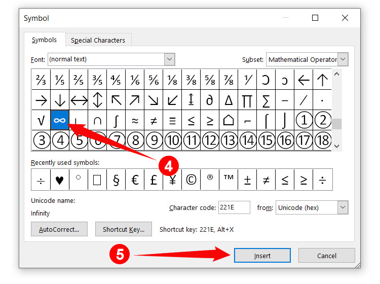 How to type the infinity symbol in Microsoft Word