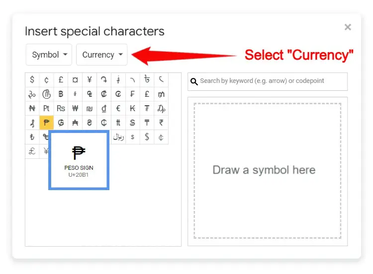 How to type the peso sign in Google Docs