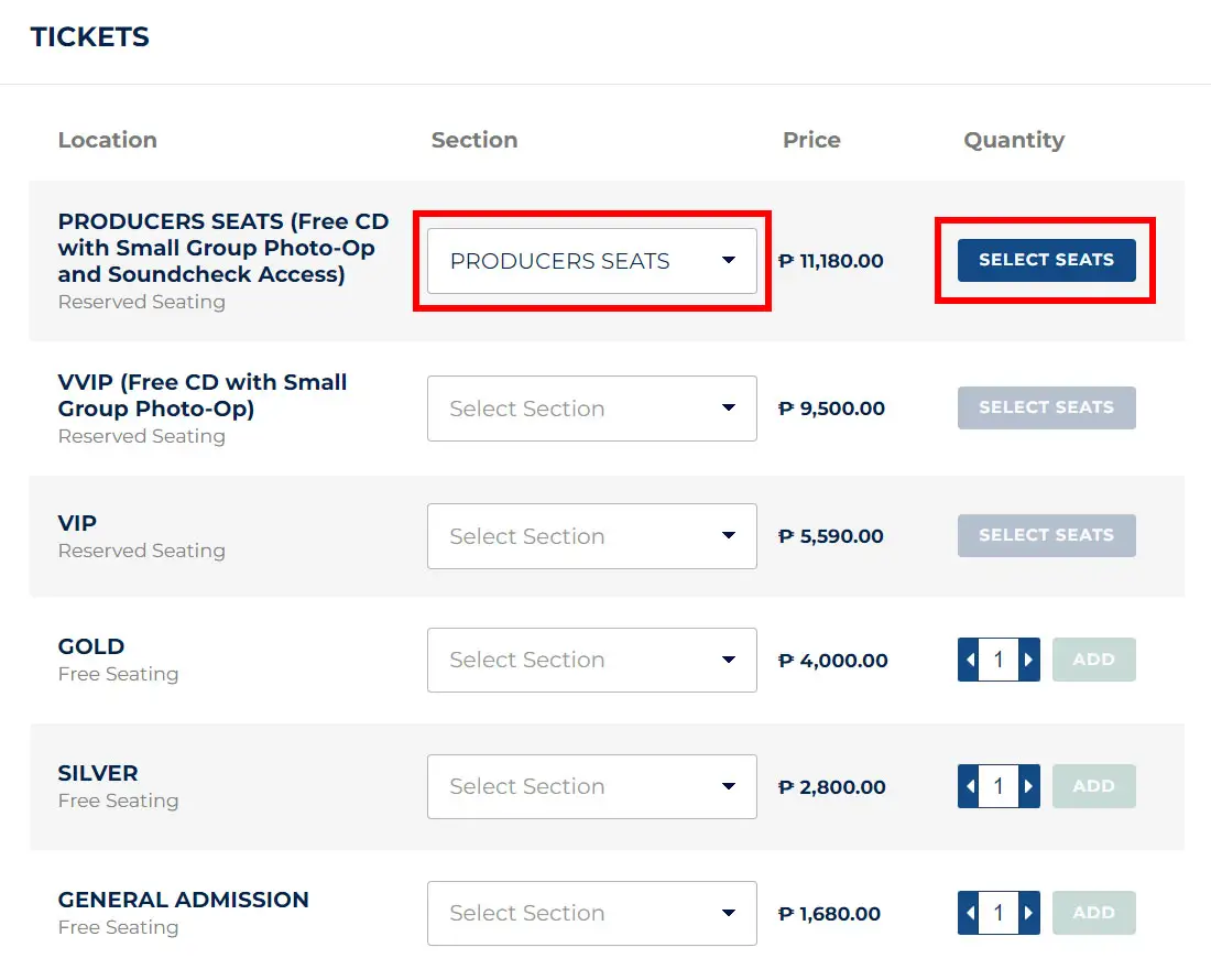 Choose your seat location and section