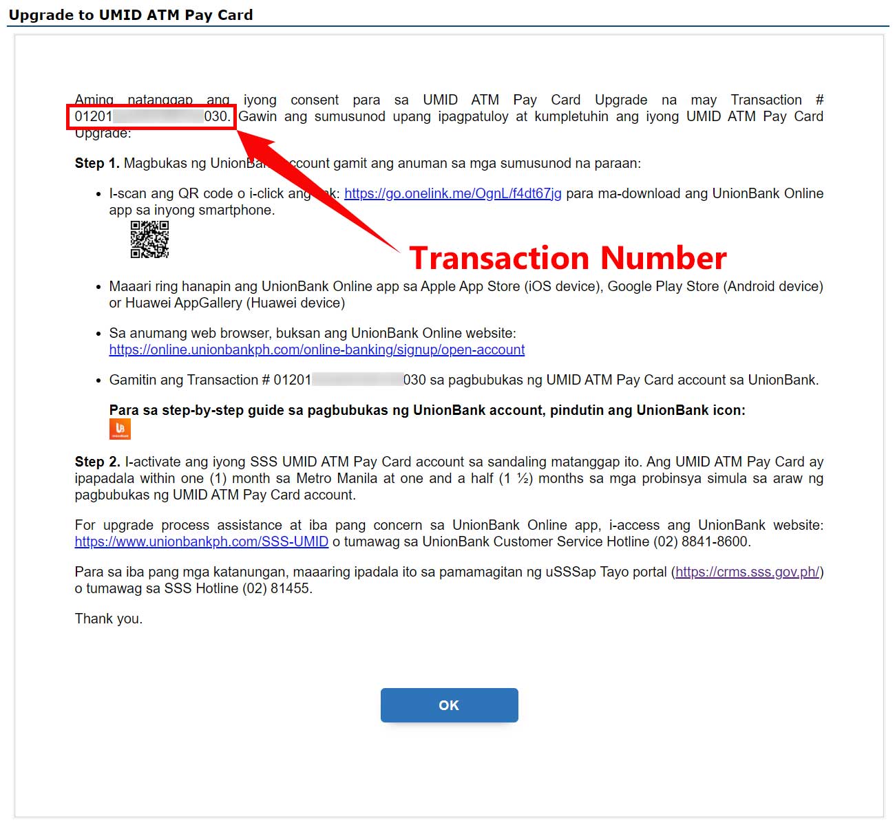 UMID ATM Pay Card transaction number