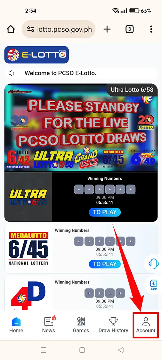 PCSO E-Lotto account