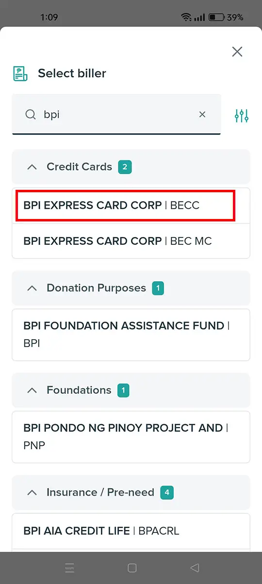 Add your BPI credit card as the biller