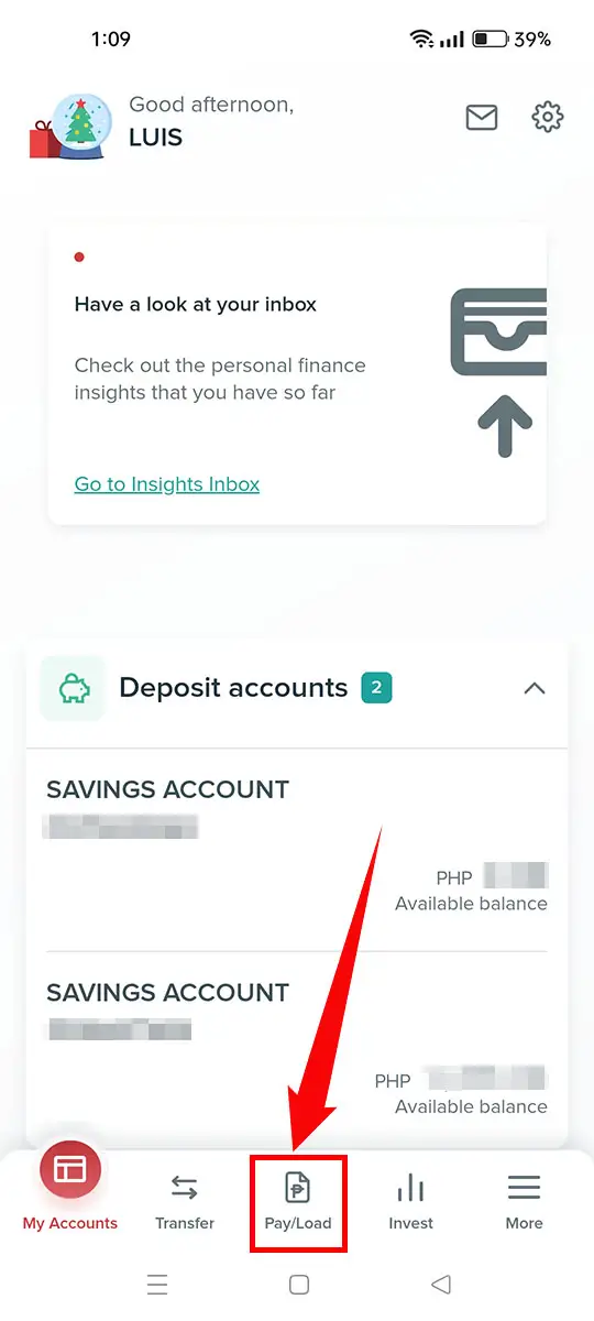 Select "Pay/Load" in the BPI app