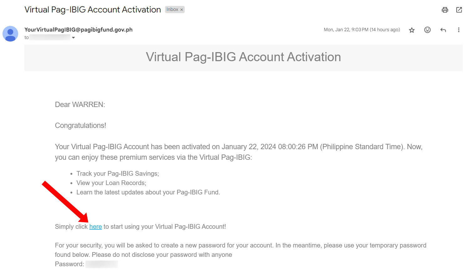 Virtual Pag-IBIG account activation email